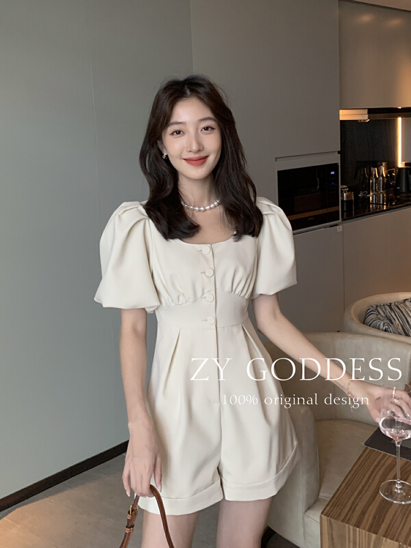 【 ZY 】 bubble sleeve square neck waist slimming Jumpsuit 68539