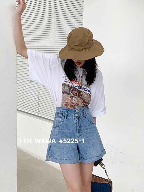 [Wawa] Korean casual slim A-line denim shorts 5225-1\ozq