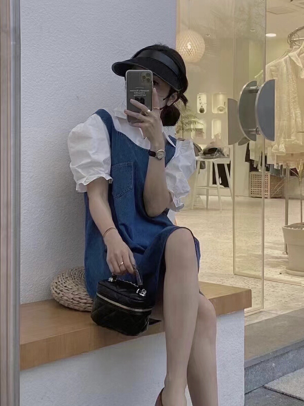 [JH] new net red lantern sleeve short sleeve shirt + wash jeans vest skirt suit (only suit) 41911\pcz