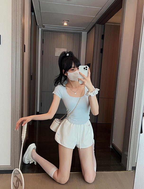 [Amanda] letter printed short sleeve T-shirt + slim casual Shorts Set 9622\pcz