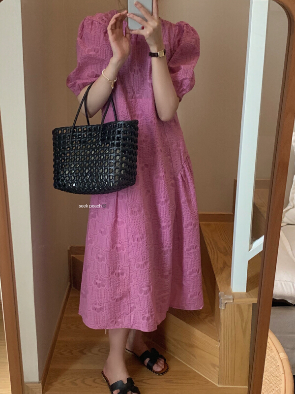 [seek peach] Korean style bubble sleeve medium length dress 5307\ll
