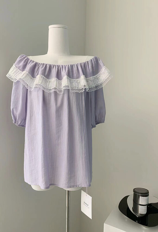 [lemon tree] sweet color matching Ruffle one line collar loose shirt 66352\xyy