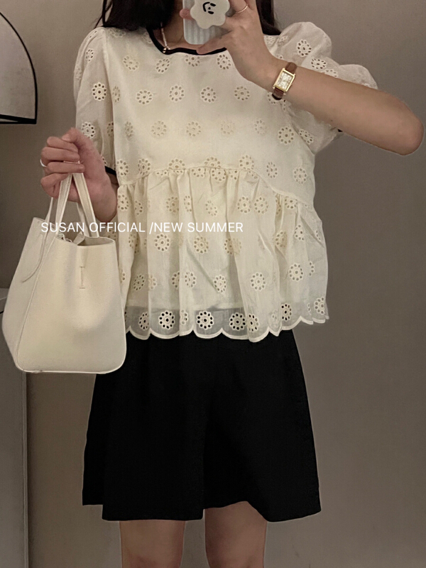 【 Susan 】 Korean sweet jacquard bubble sleeve shirt 19166\lsw
