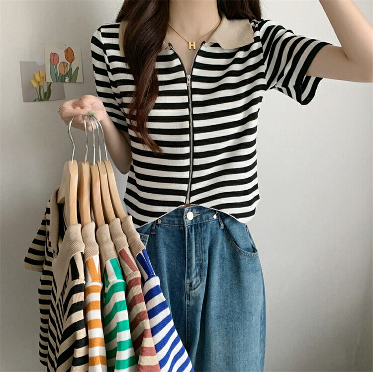 [f · P] casual simple zip stripe short sleeve T-shirt 32088\hbx