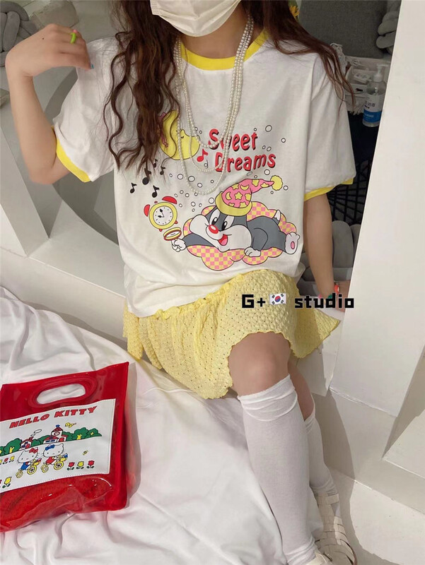 [g+] cute cartoon color block letters Korean round neck short sleeve T-shirt 9068\wtt