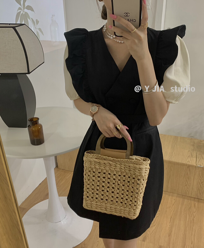 [y.jia EJA] double breasted V-neck stitched bubble sleeve dress 6118
