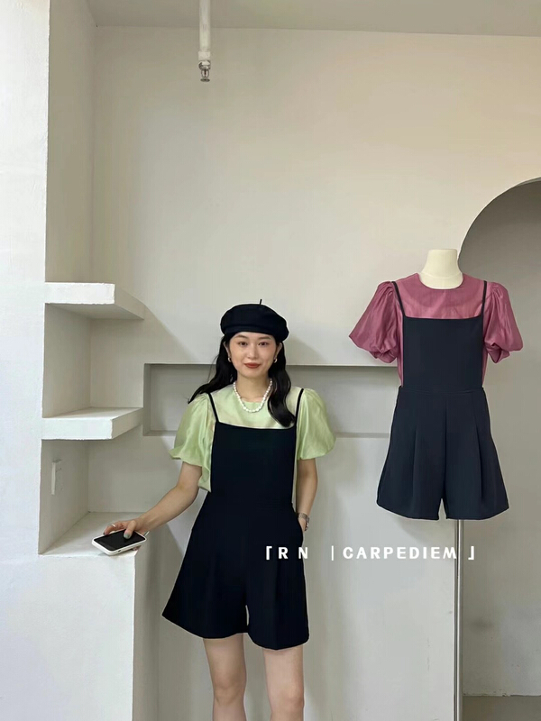 [R n] Korean bubble sleeve shirt + suspender Jumpsuit ys1-80920\ll