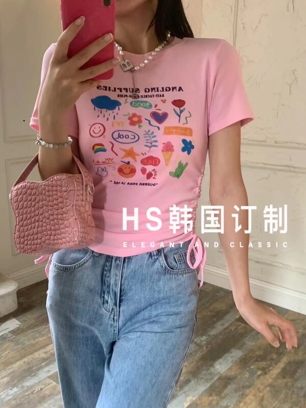 [HS customized in Korea] Korean casual Decal drawstring short sleeve T-shirt ys1-22119\hjy