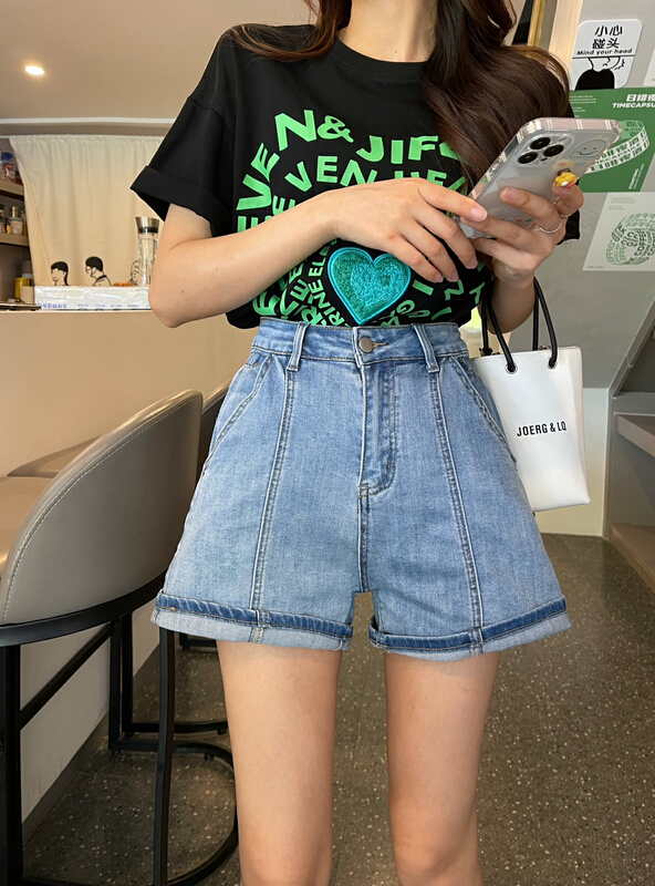 [en Xi'er] slim and versatile Korean high elastic denim shorts k2338\l