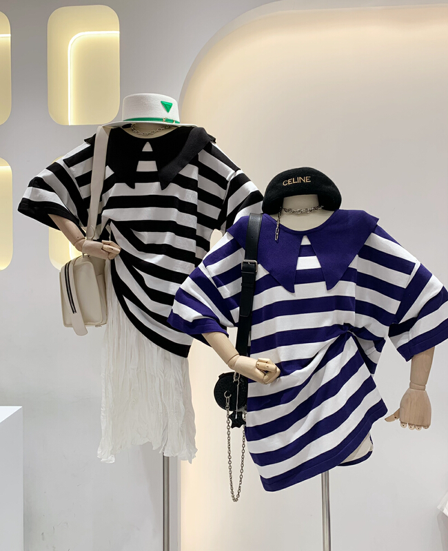 [wlady] academic Navy neck stripe loose medium long short sleeve T-shirt 511\wtt