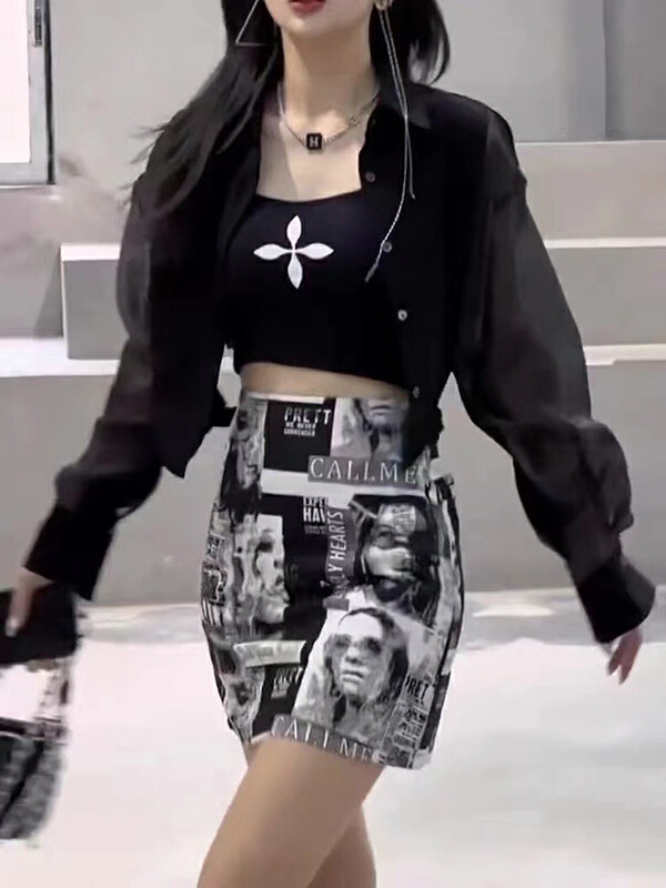 [JH] solid color versatile sunscreen shirt + simple suspender Vest + temperament slim skirt suit 41905\pcz