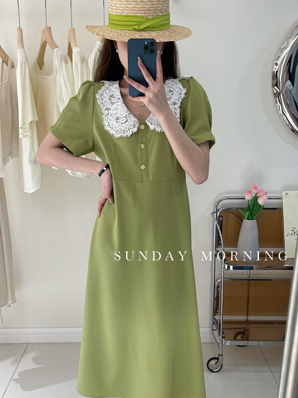 [Sunday morning] lace lace collar bubble sleeve dress ys1-9165\zjy