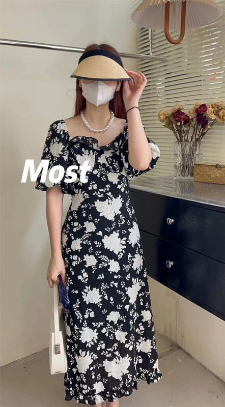 [most] French square neck bubble sleeve waist closing Printed Dress 97127\zjy
