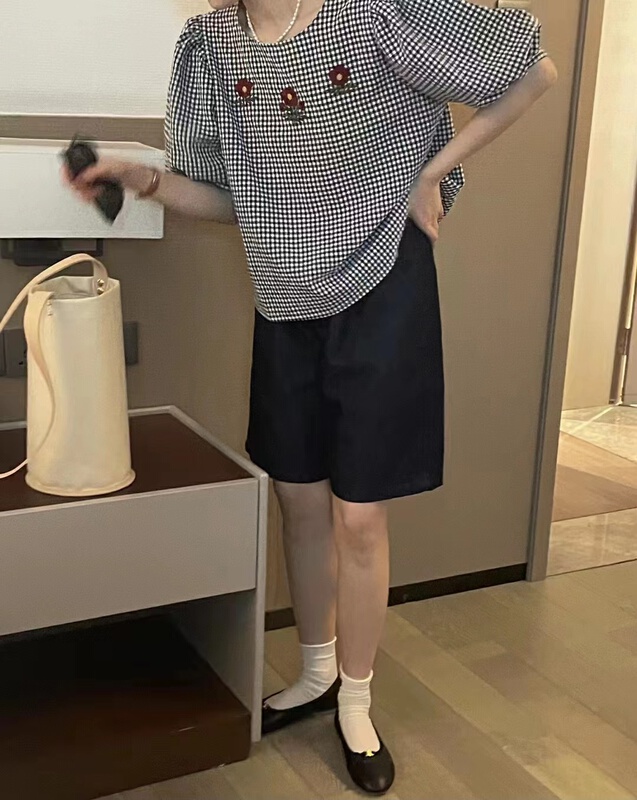 【 baby 】 heavy industry flower embroidery plaid shirt 8678\wtt
