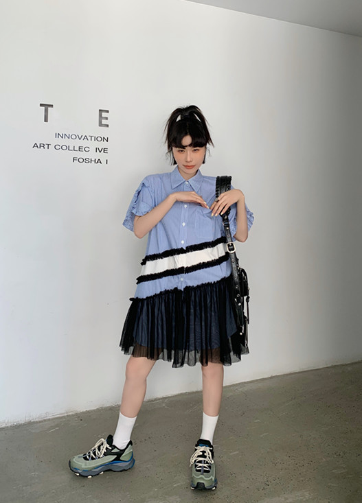 [Penny vogue] casual stripe contrast color wood ear edge loose short sleeve dress 65893\lsl