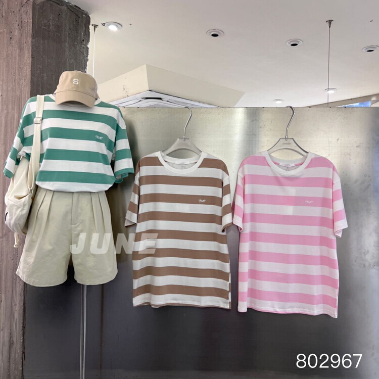[June] Korean casual contrast stripe short sleeve T-shirt 802967\xyy