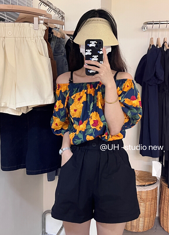 [uh] Korean floral shoulder shirt 7820\hjy
