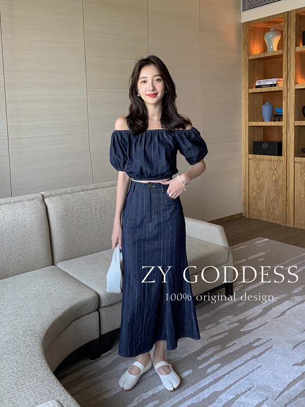 [ZY] retro denim one shoulder shirt + Korean comfortable slim fishtail skirt set 68501\ozq