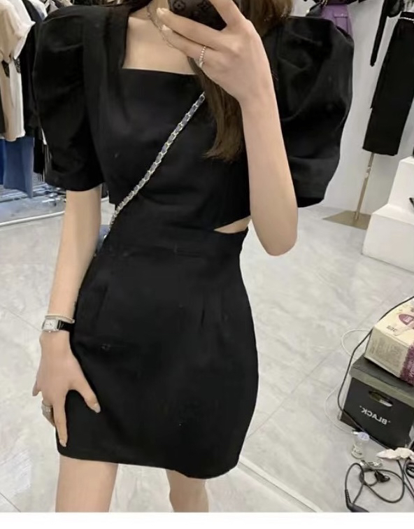 [rm.hh] square neck bubble sleeve slim cut dress 2152\pcz