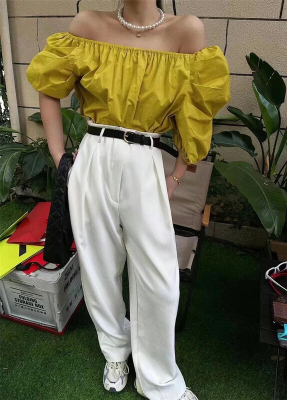 [Yan Zhen] off shoulder Solid Color Bubble Sleeve sweet little shirt 34438\pcz