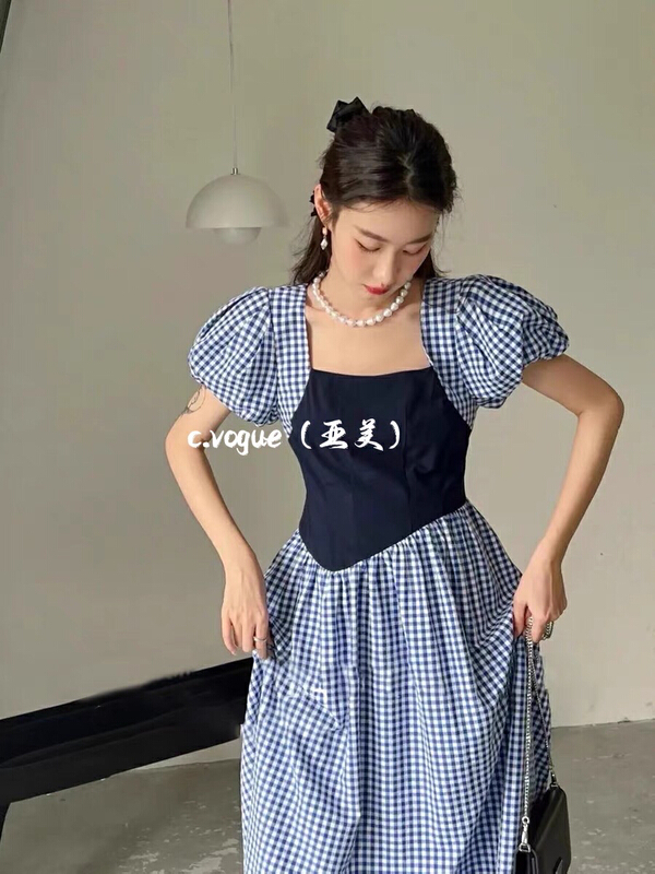 [Asian American clothing] French Bubble Sleeve Plaid mosaic dress 38120\pcz