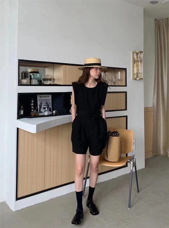 [Martina] simple solid color texture suit sleeveless Jumpsuit (with belt) 88035\xyy