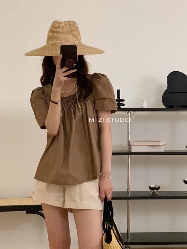 [m.zi studio] simple temperament square neck bubble sleeve shirt 5808\hbx