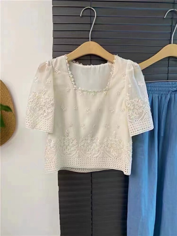 【 Susan 】 lace square neck retro shirt 18737\lsw