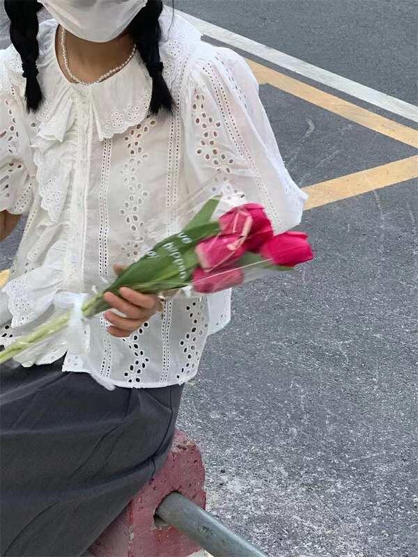 [misszhao] embroidered lace lace bubble sleeve shirt 1501\hbx