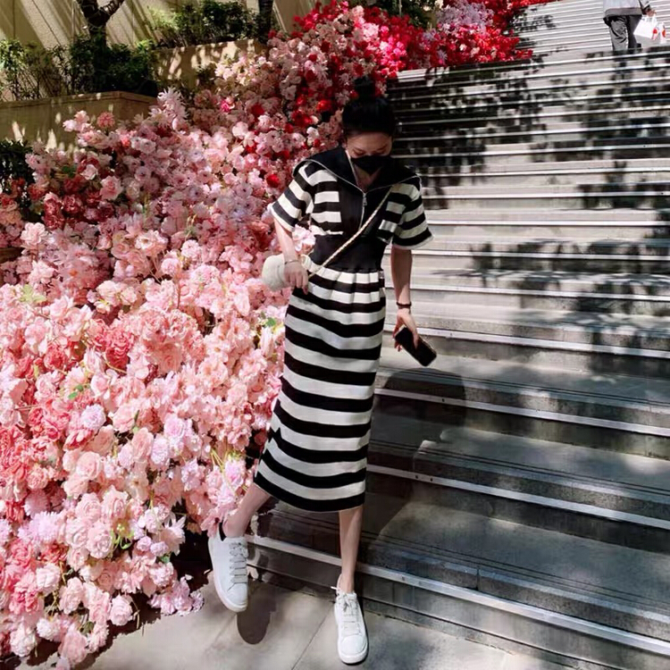 [jun.t] striped waist and large lapel dress 6208\pcz