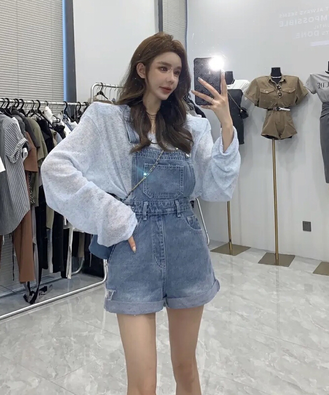 [JH] net red knitted sunscreen Top + wash jeans suspender suit 41976\pcz