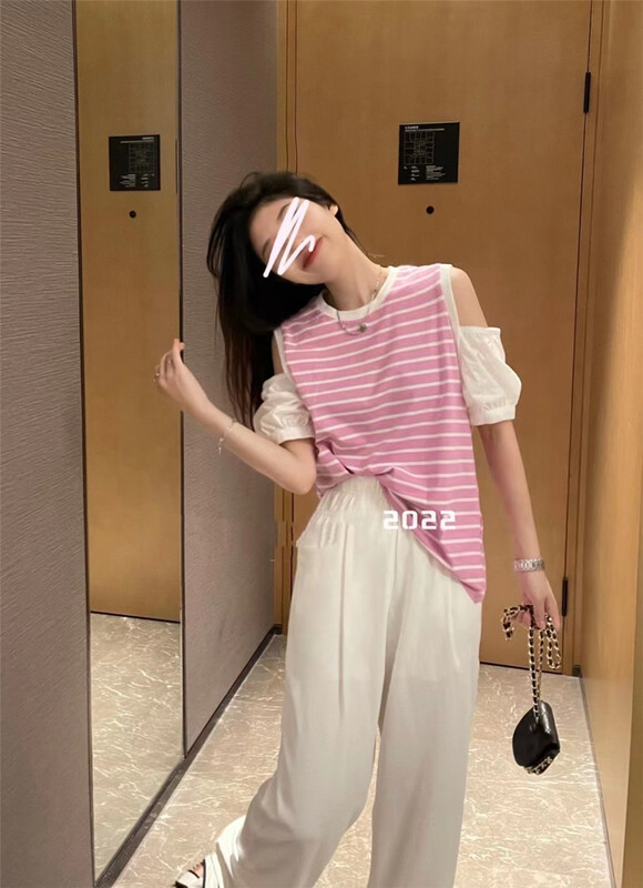 【 gill 】 round neck stripe off shoulder sleeve short sleeve T-shirt 1062\zjy