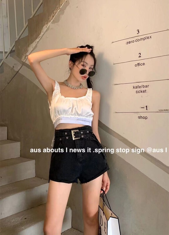 【 aus 】 simple design Vintage denim shorts (with waist rope) 6896\lsw