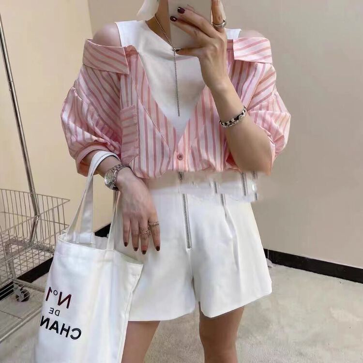 [I-D] Korean version fake two off shoulder blouses (only selling tops) 6115\ll