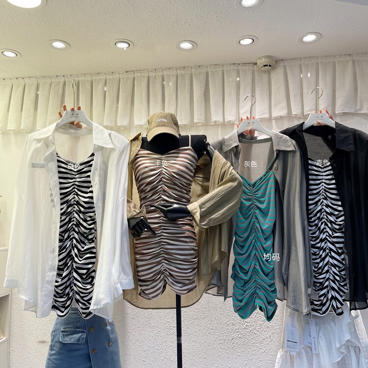 [yiguoyiguo] sexy Stripe Dress + loose long sleeve sunscreen shirt set 58355\pcz