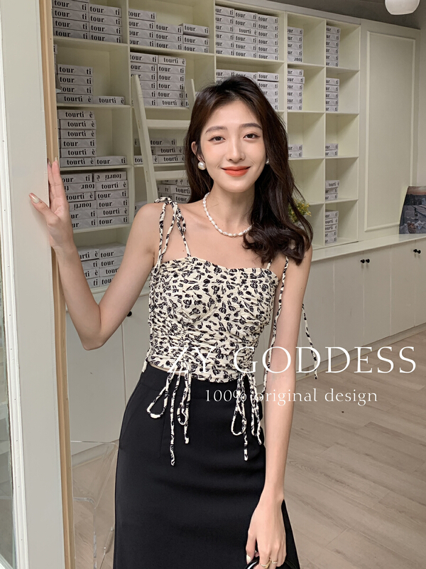 [ZY] French floral bandage drawstring blouse sling 68536