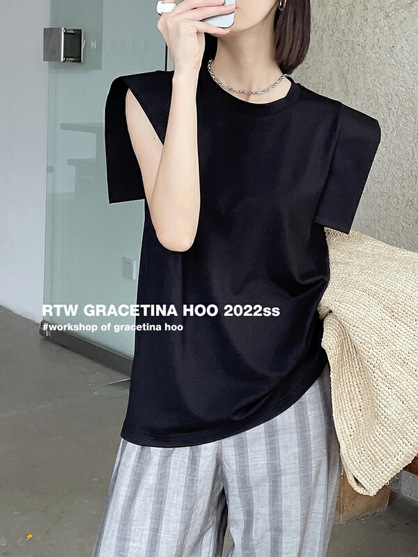 [gracetina Hoo] minority French square shoulder short sleeve T-shirt (sleeveless) t2182\cqw