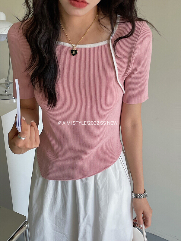 Original price 43.99! [aimistyle] slim and slim design, color contrast square neck knit shirt 13649\hbx