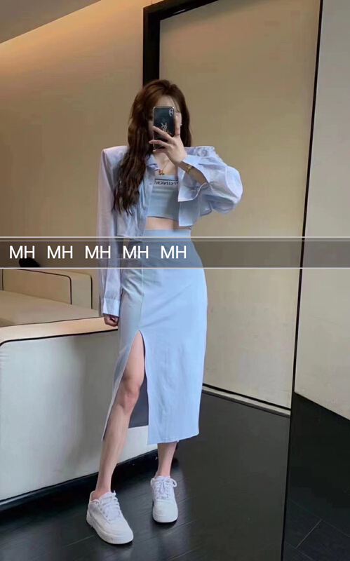[M.H] Korean style versatile sunscreen shirt + letter bra Vest + slim skirt suit 8358\pcz