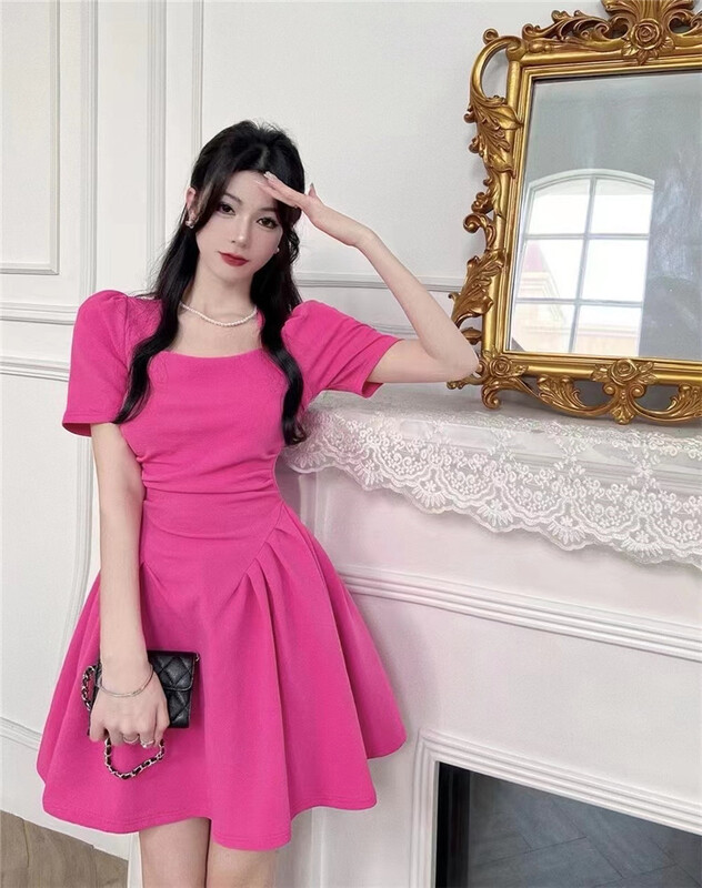[little woman] bubble sleeve square neck waist dress 22233\pcz