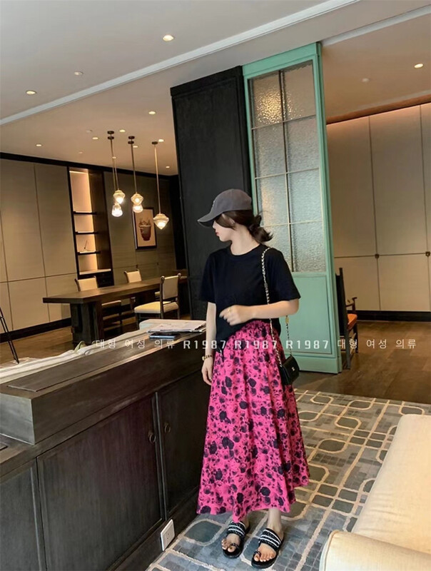[r1987] elastic waist Mini color contrast print skirt 5190\zjy