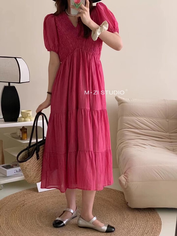 [m.zi studio] V-neck slim, fresh and simple dress 16139\hbx
