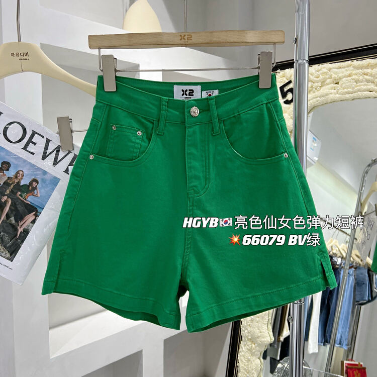 [Korean original standard x2] high waist slim elastic split casual denim shorts 66079-1\wtt