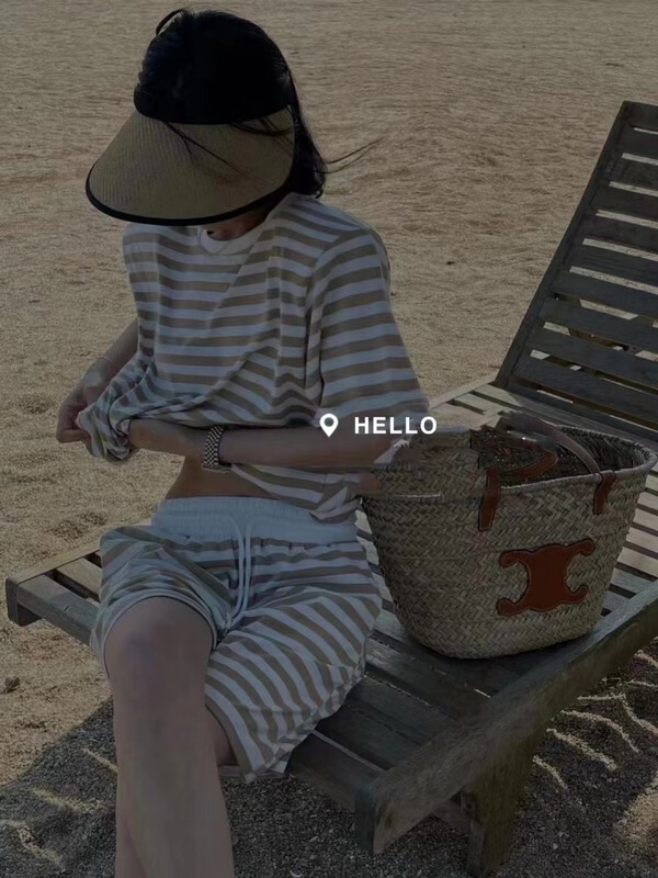 [Hello] casual loose stripe short sleeve + simple and versatile comfortable casual Shorts Set 9829\xyy