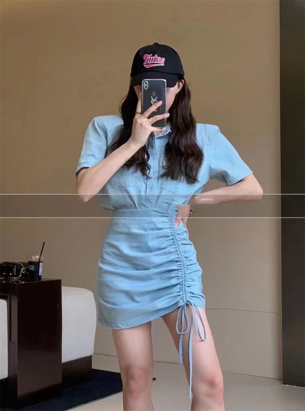 [hongniuniu] Korean casual denim shirt + drawstring slim fitting denim skirt two-piece suit 35491\xyy