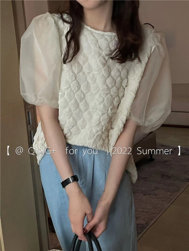 [Qingqing family] waffle bubble sleeve shirt 2112\xyy