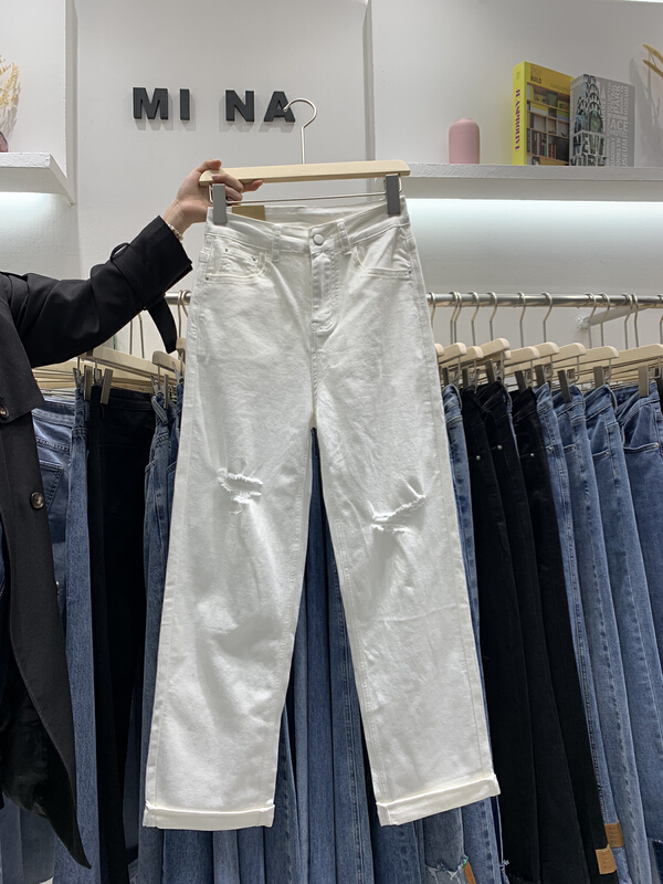 [Mina] elastic hole breaking straight jeans 3353-6\lsw