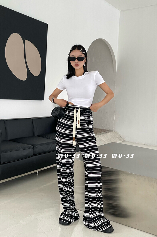 [wu.33] elastic waist stripe loose and versatile casual pants 22372\wtt