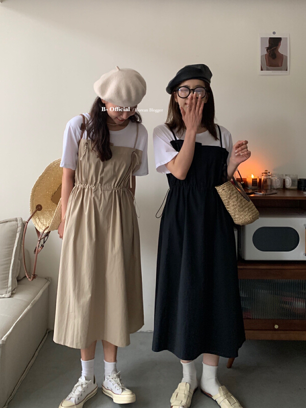 [B plus] casual everyday versatile patchwork elastic waist dress 22-9478-2\hbx