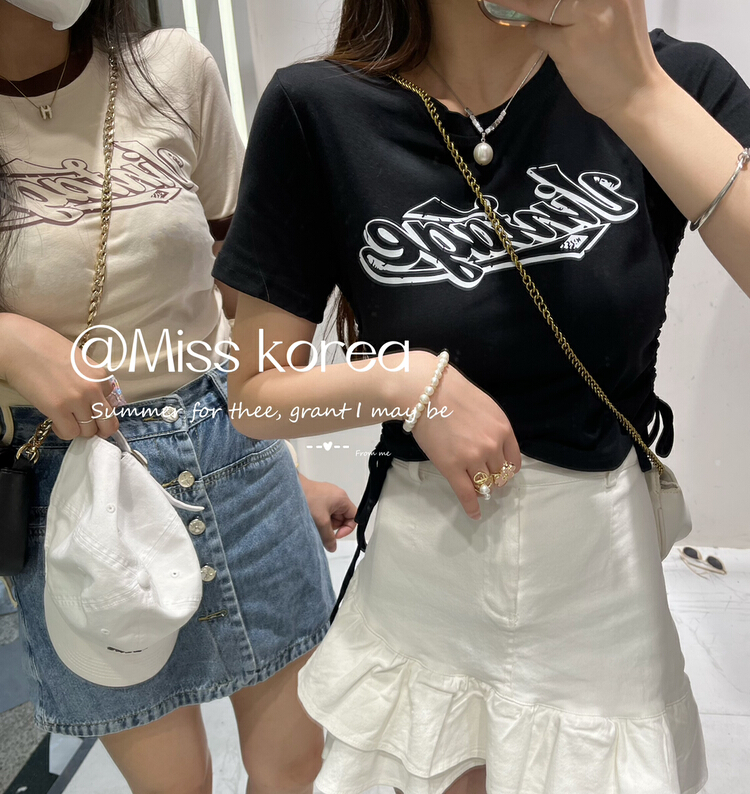 [Miss Korea] pure desire letter short drawstring short sleeve T-shirt (short sleeve only) 6878\hbx